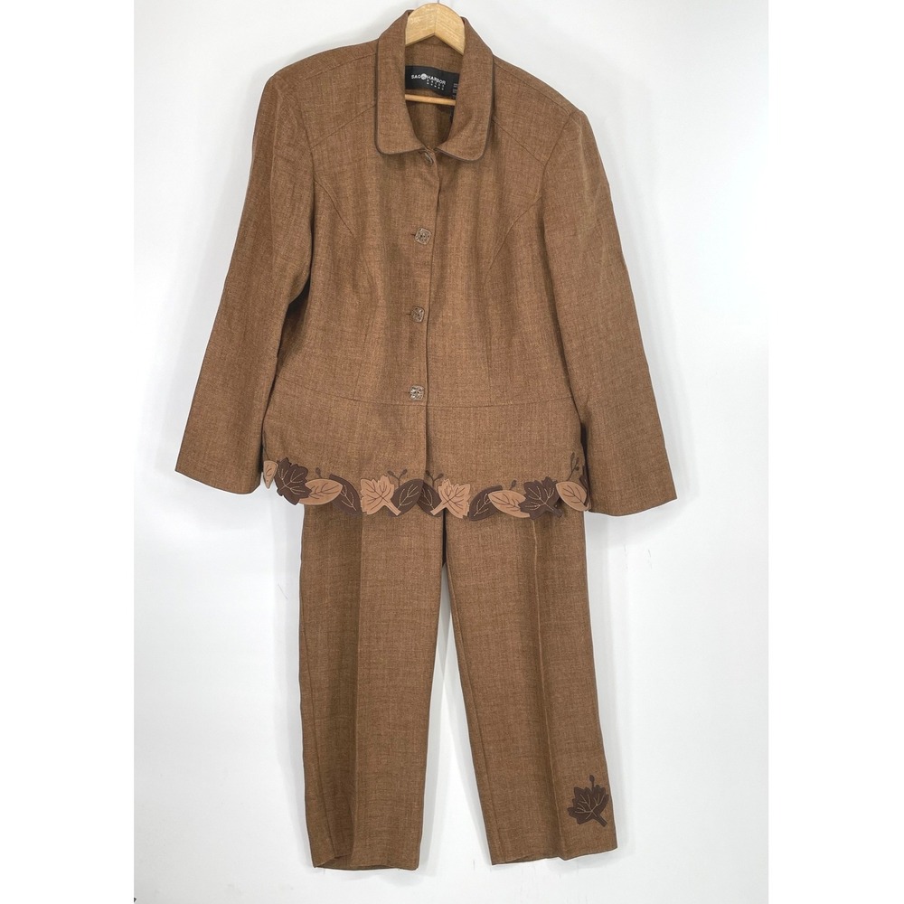 Sag Harbor Women Pant Suit 20W Set Brown Leaf Applique Herringbone Fallcore